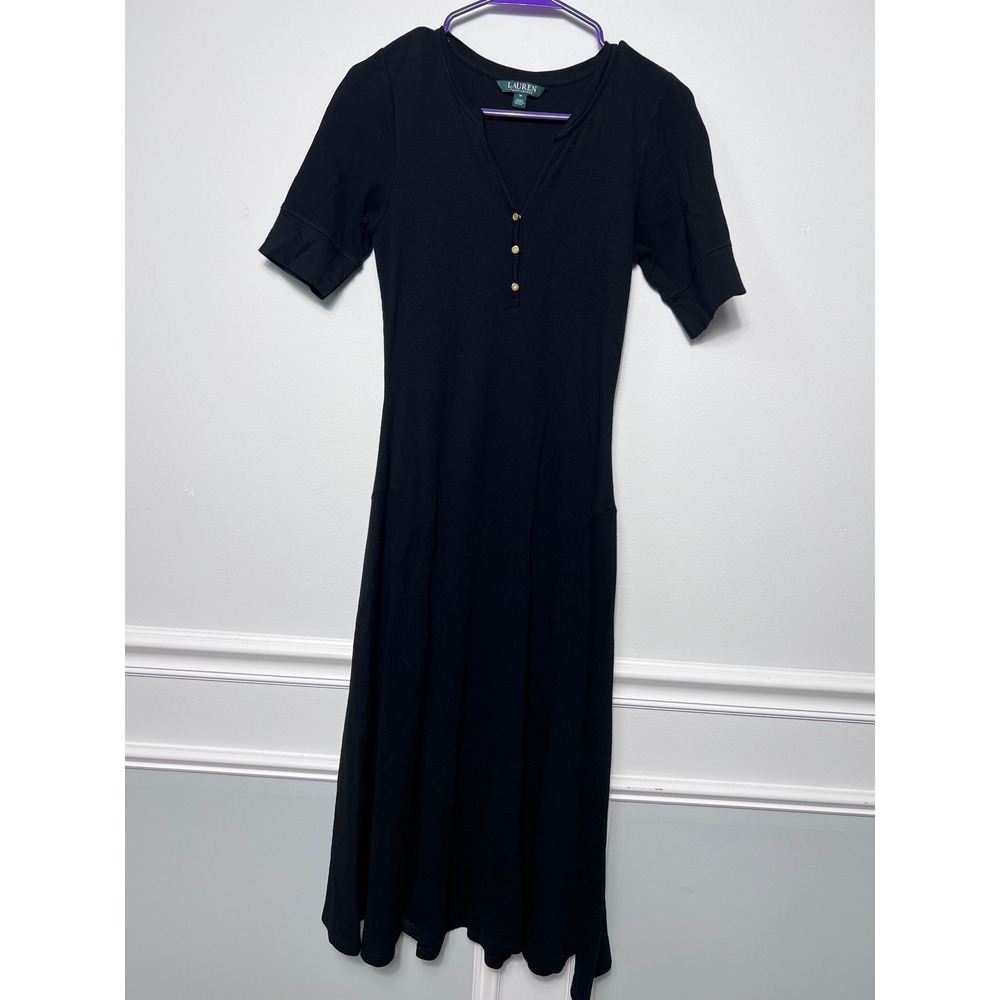 Lauren Ralph Lauren Black Waffle Knit Henley Midi Dress (M) Gold Buttons Classic